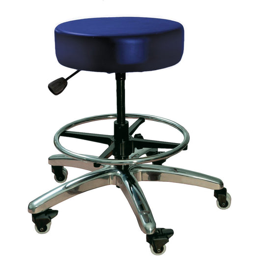 Brandt Industries Heavy-Duty Exam Stool with a blue seat, adjustable lever, foot ring, chrome base, and five caster wheels.