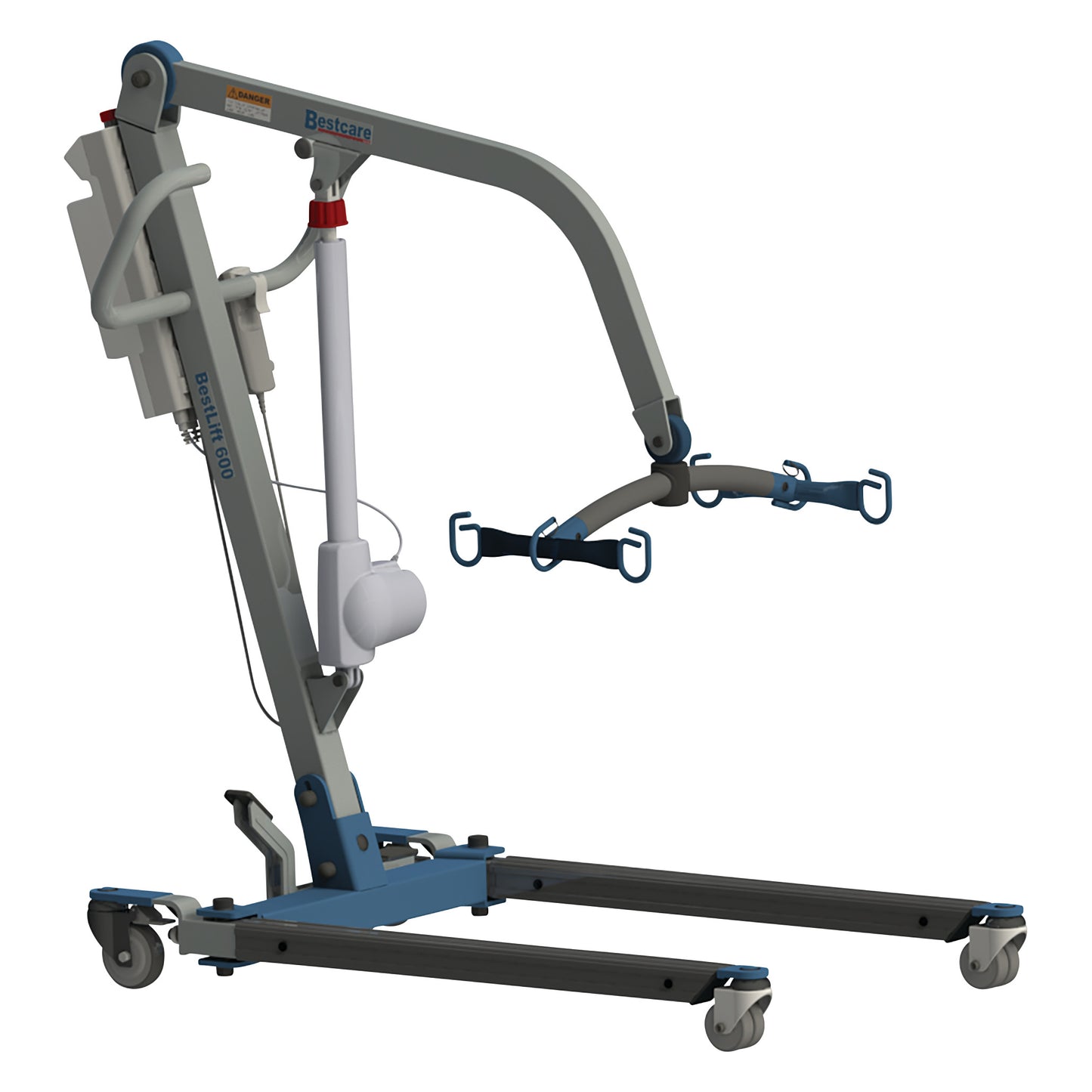 A Bestcare BestLift Full Body Electric Patient Lift with a gray and blue frame, featuring a wheeled base and hook attachments.
