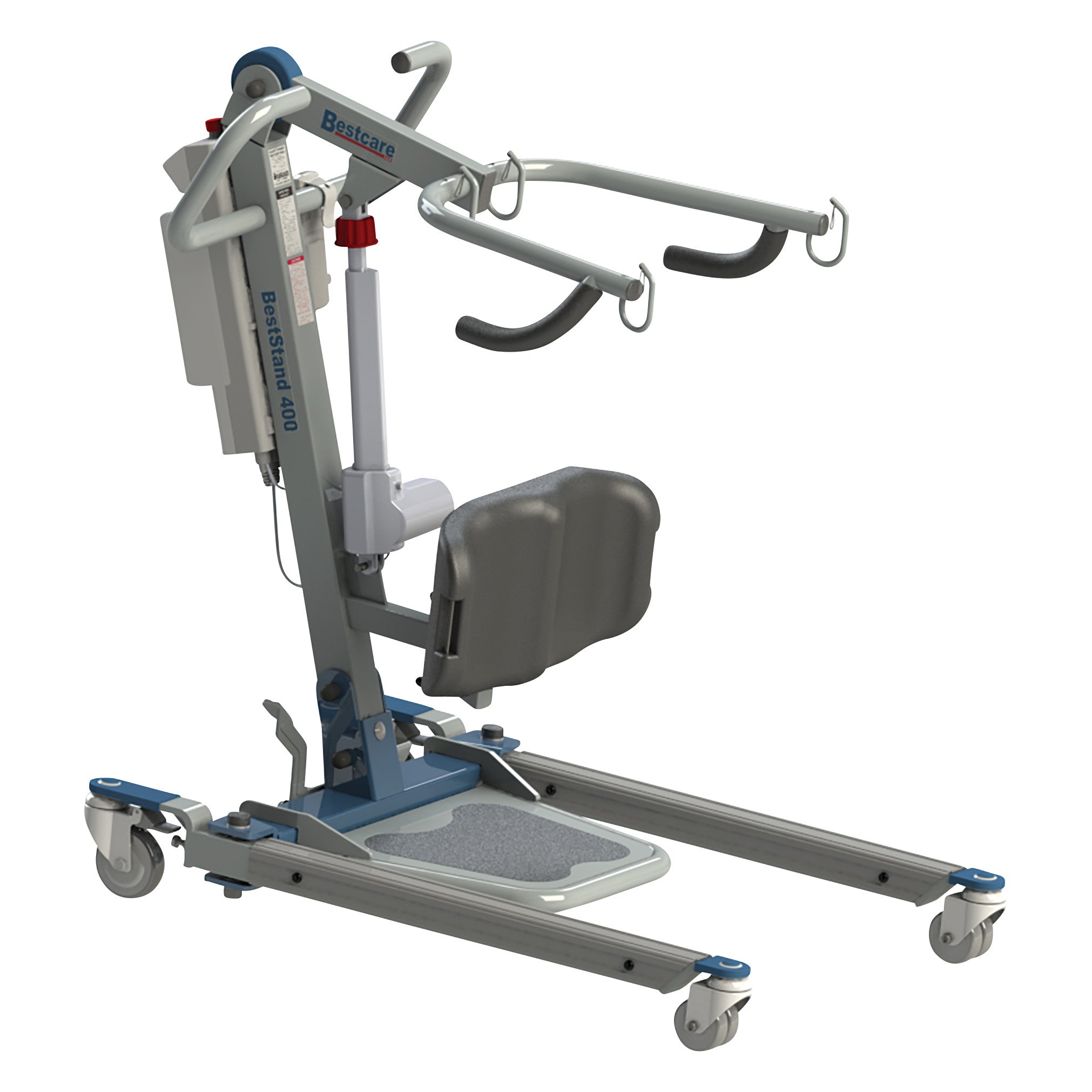The Bestcare BestStand Sit-to-Stand Electric Patient Lift designed for transferring patients, featuring arm supports and base wheels.