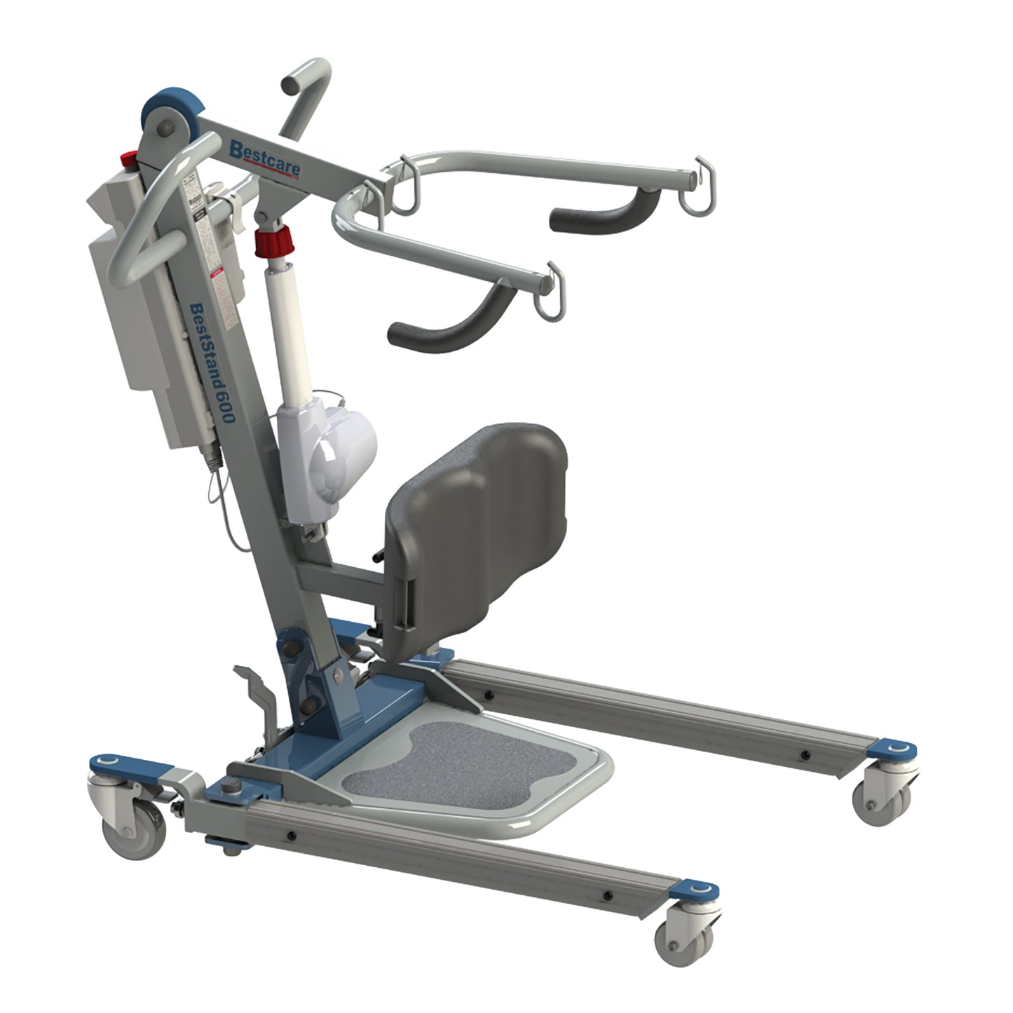 The Bestcare BestStand Sit-to-Stand Electric Patient Lift is a mobility aid with a padded knee brace and wheeled base.