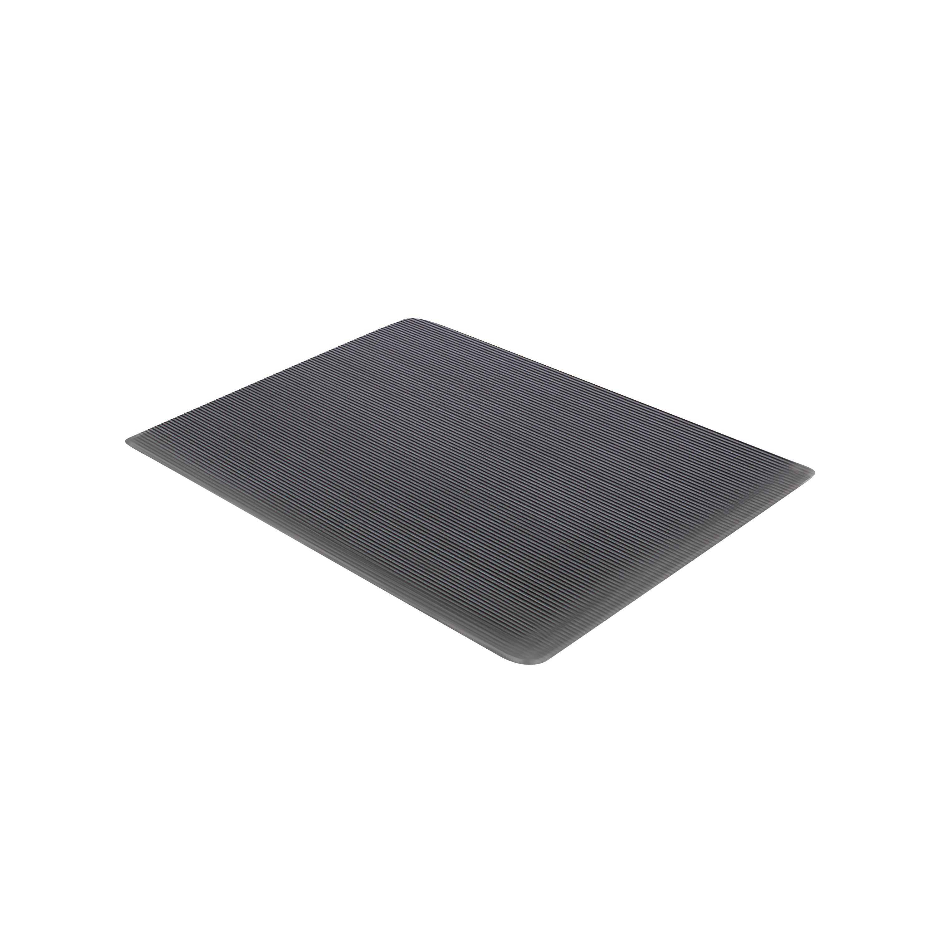A gray ErgoMat Anti-Fatigue Mat with ribbed texture, designed for comfort and support, placed on a white background.
