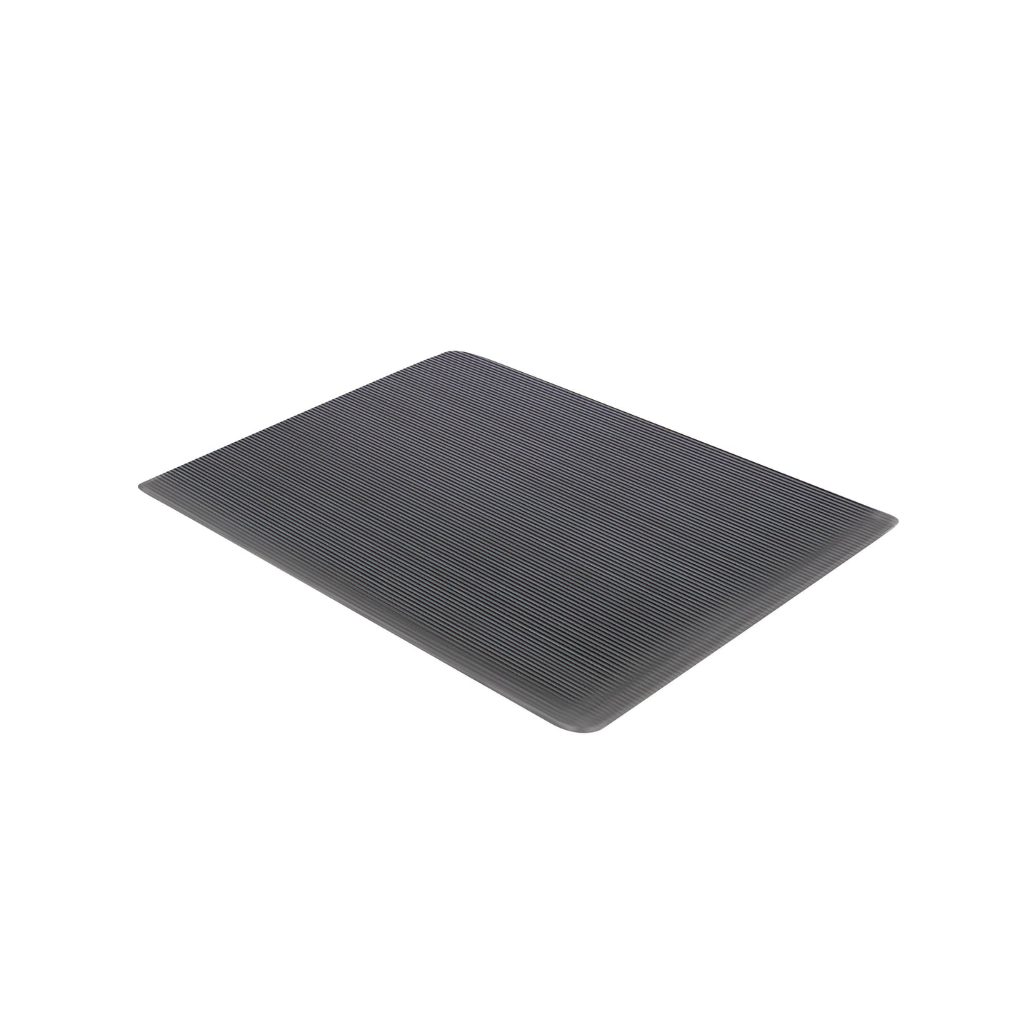 A gray ErgoMat Anti-Fatigue Mat with ribbed texture, designed for comfort and support, placed on a white background.