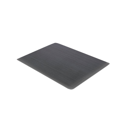 A gray ErgoMat Anti-Fatigue Mat with ribbed texture, designed for comfort and support, placed on a white background.