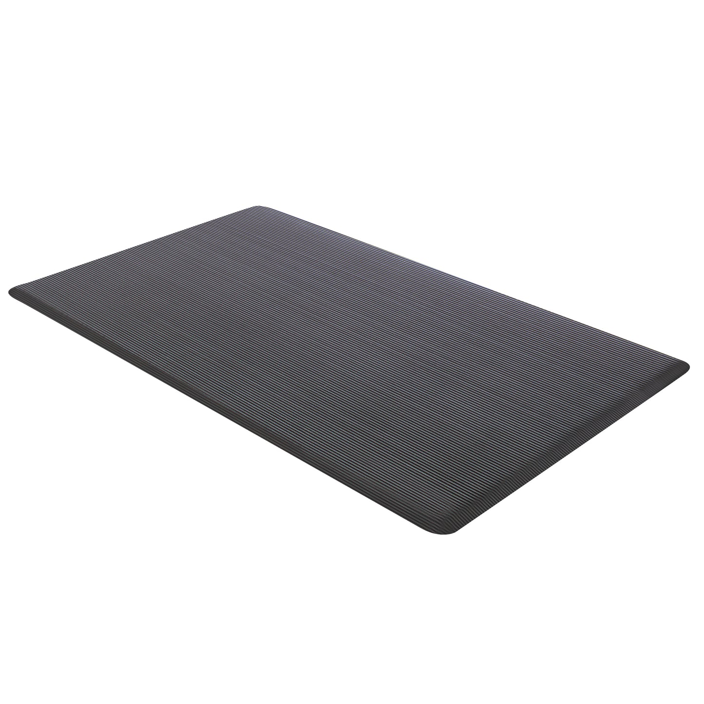 The image features an ErgoMat Anti-Fatigue Mat, a large rectangular mat with a ribbed texture and beveled edges, designed for comfort.