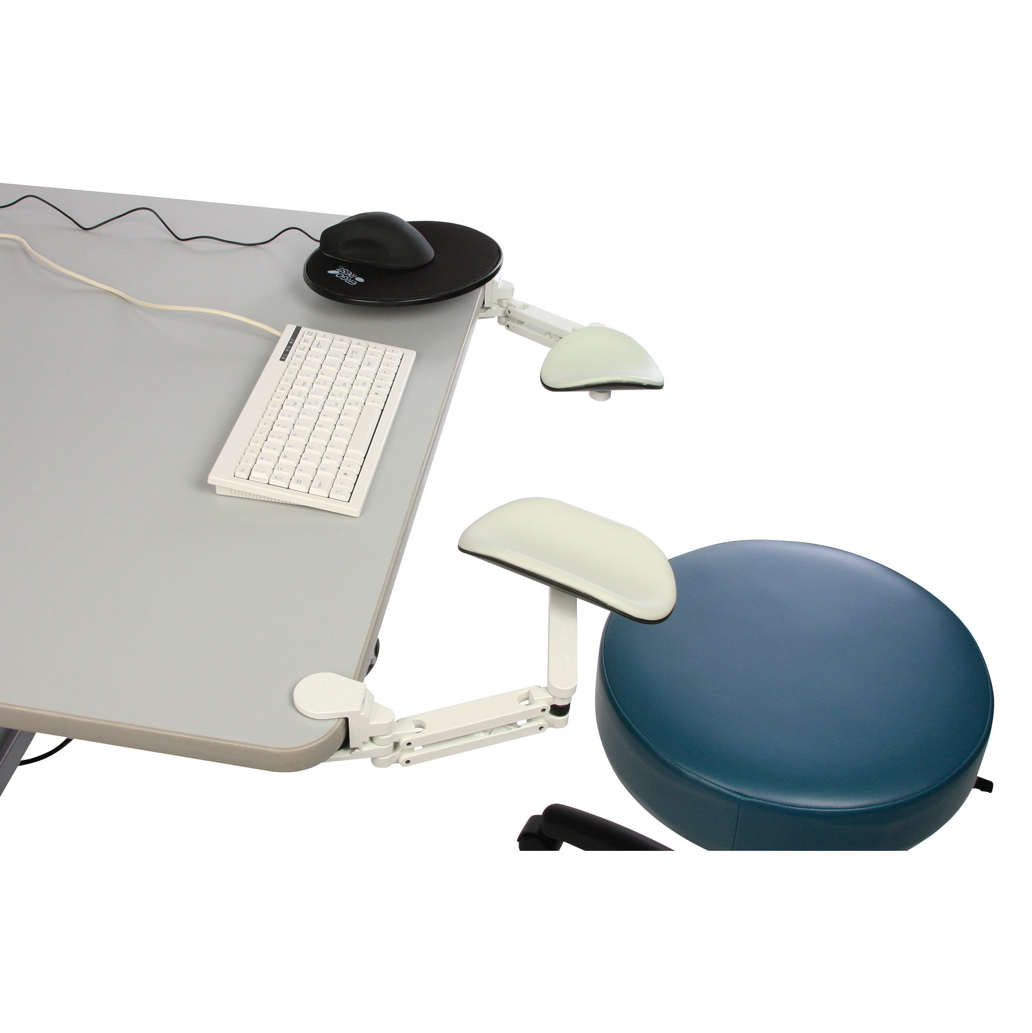 A desk setup with a keyboard, mouse, and two ErgoRest Articulating Forearm Supports next to a blue circular chair.