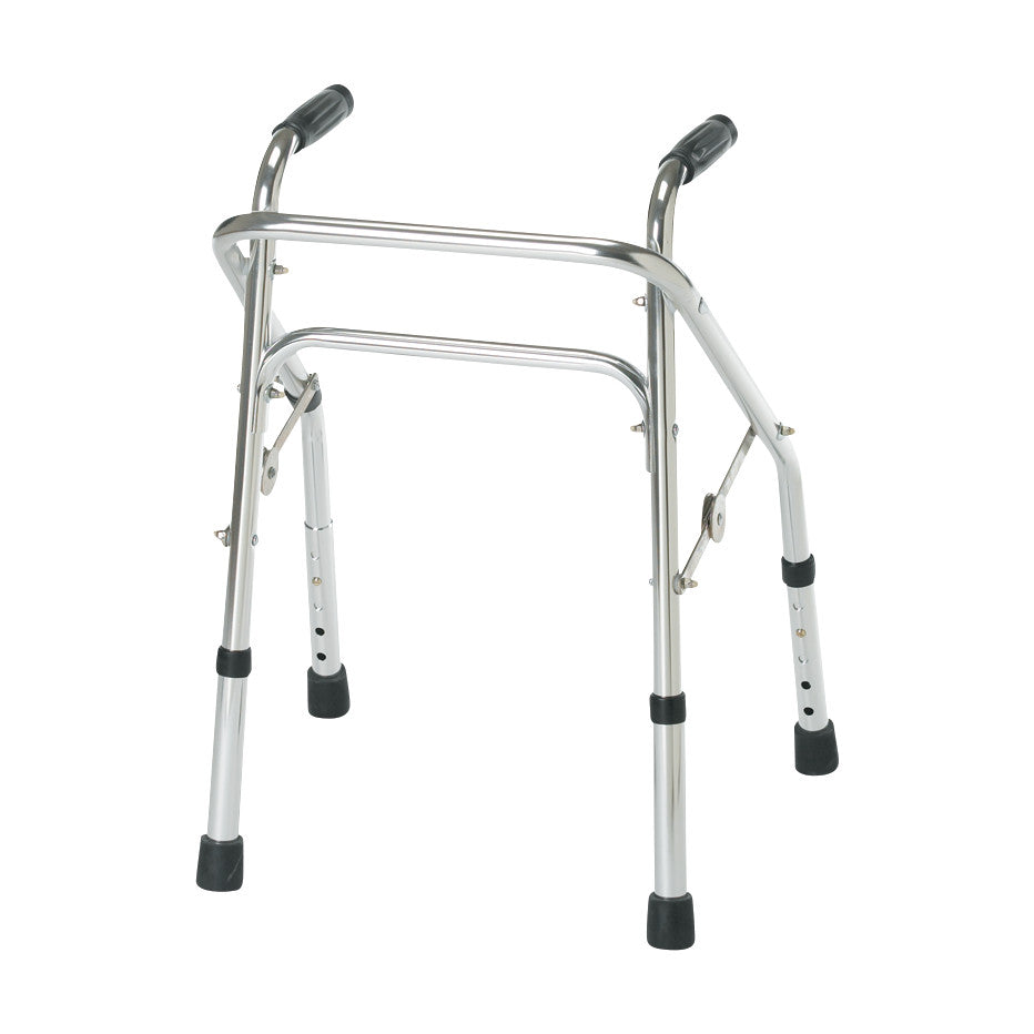 A Guardian Pediatric Walker with a stainless steel frame, black rubber hand grips, and adjustable legs with black tips.