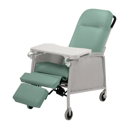 The Lumex Ortho-Biotic Three-Position Recliner, Model 574, is a mobile reclining chair with a tray, padded seat, and leg rest.