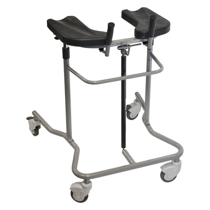 The EVA Pneumatic Cardiac Walker features a sturdy frame with padded armrests and four swivel casters for easy mobility.