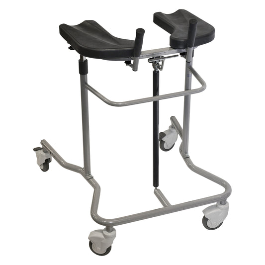 The EVA Pneumatic Cardiac Walker features a sturdy frame with padded armrests and four swivel casters for easy mobility.