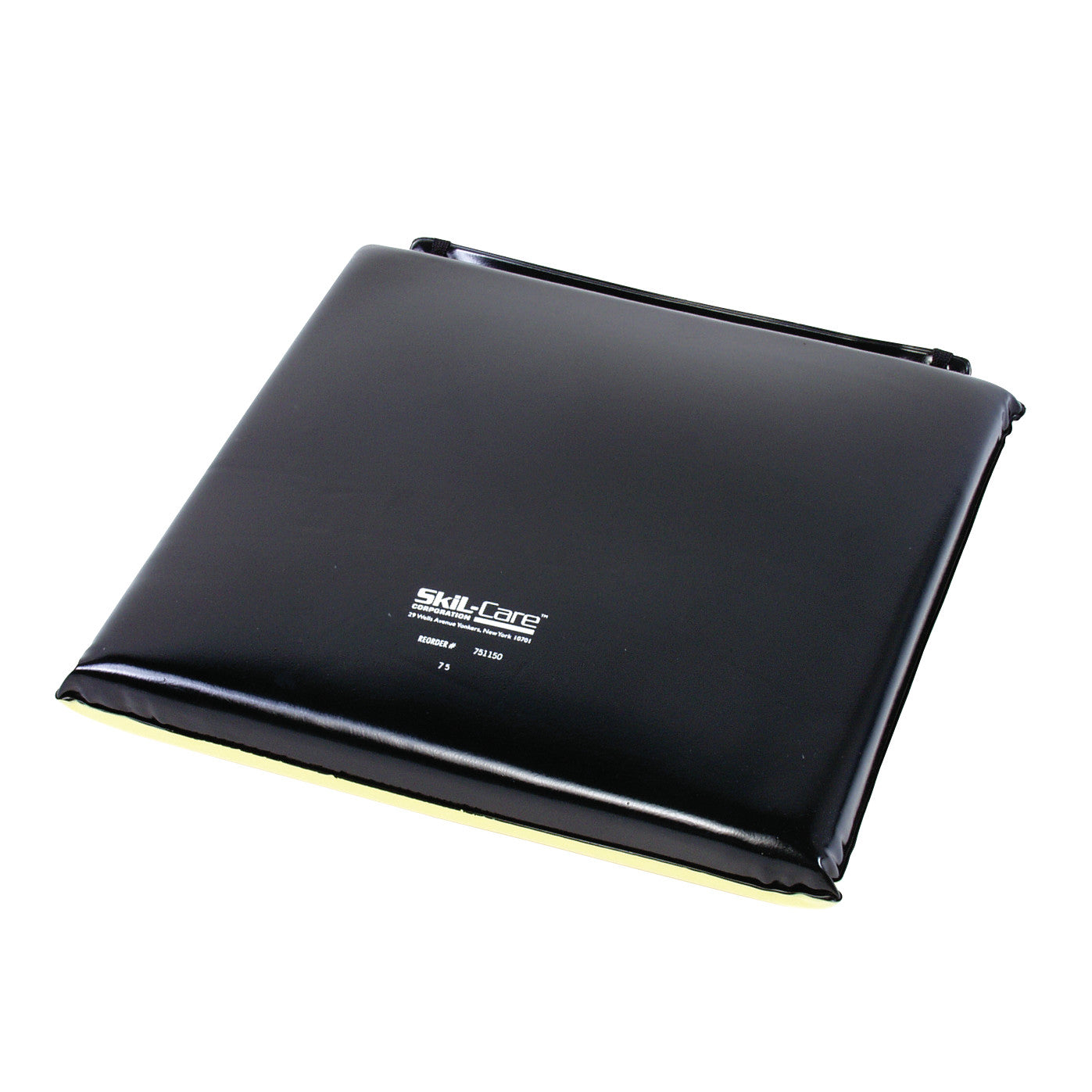 SkiL-Care Econo-Gel Wheelchair Cushion is a black, square cushion designed for comfort and support in a wheelchair.