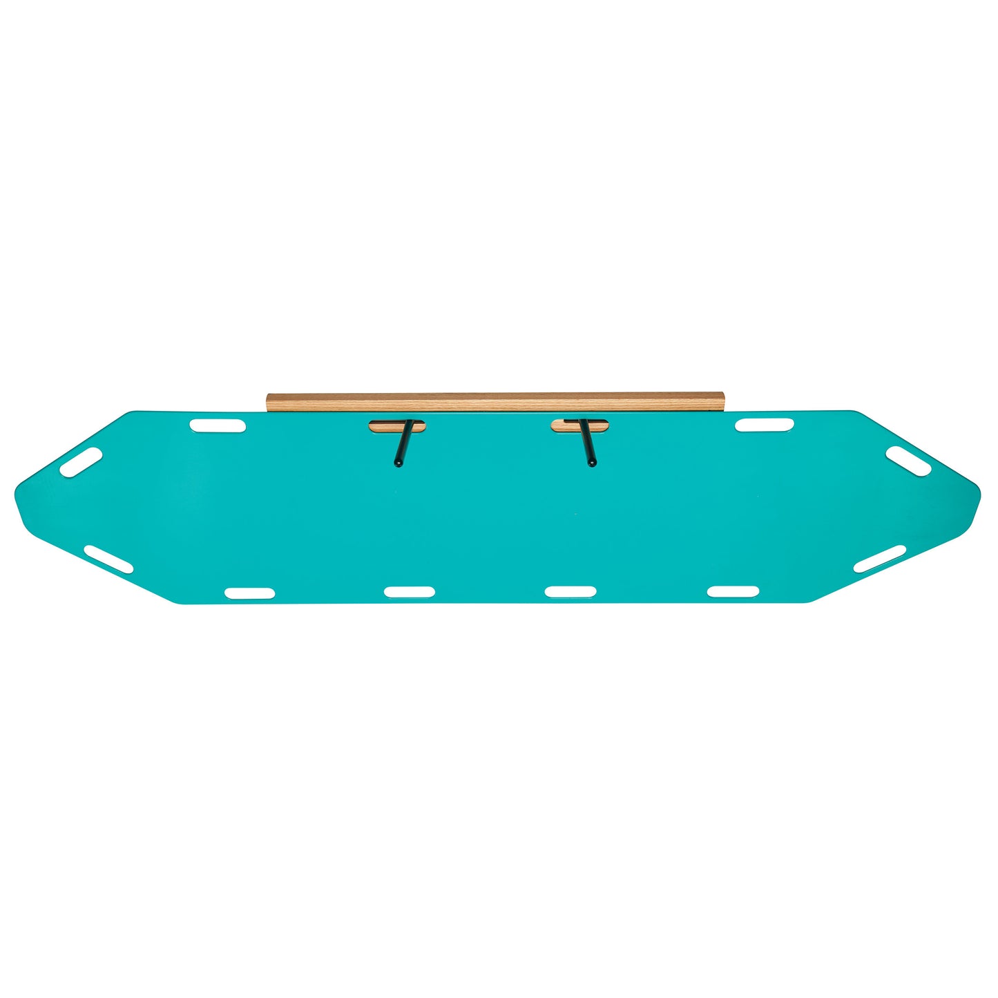 The AliMed Shifter Storage Wall Hanger is mounted on a teal board with multiple slots and two hooks for secure storage.