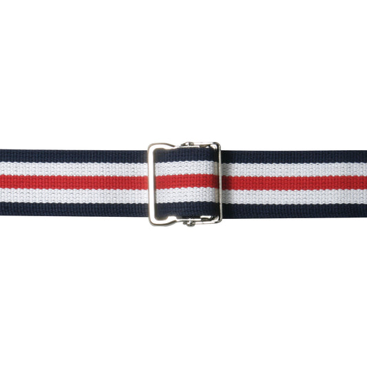 AliMed Gait Belt with a metal buckle, featuring navy blue, red, and white stripes.