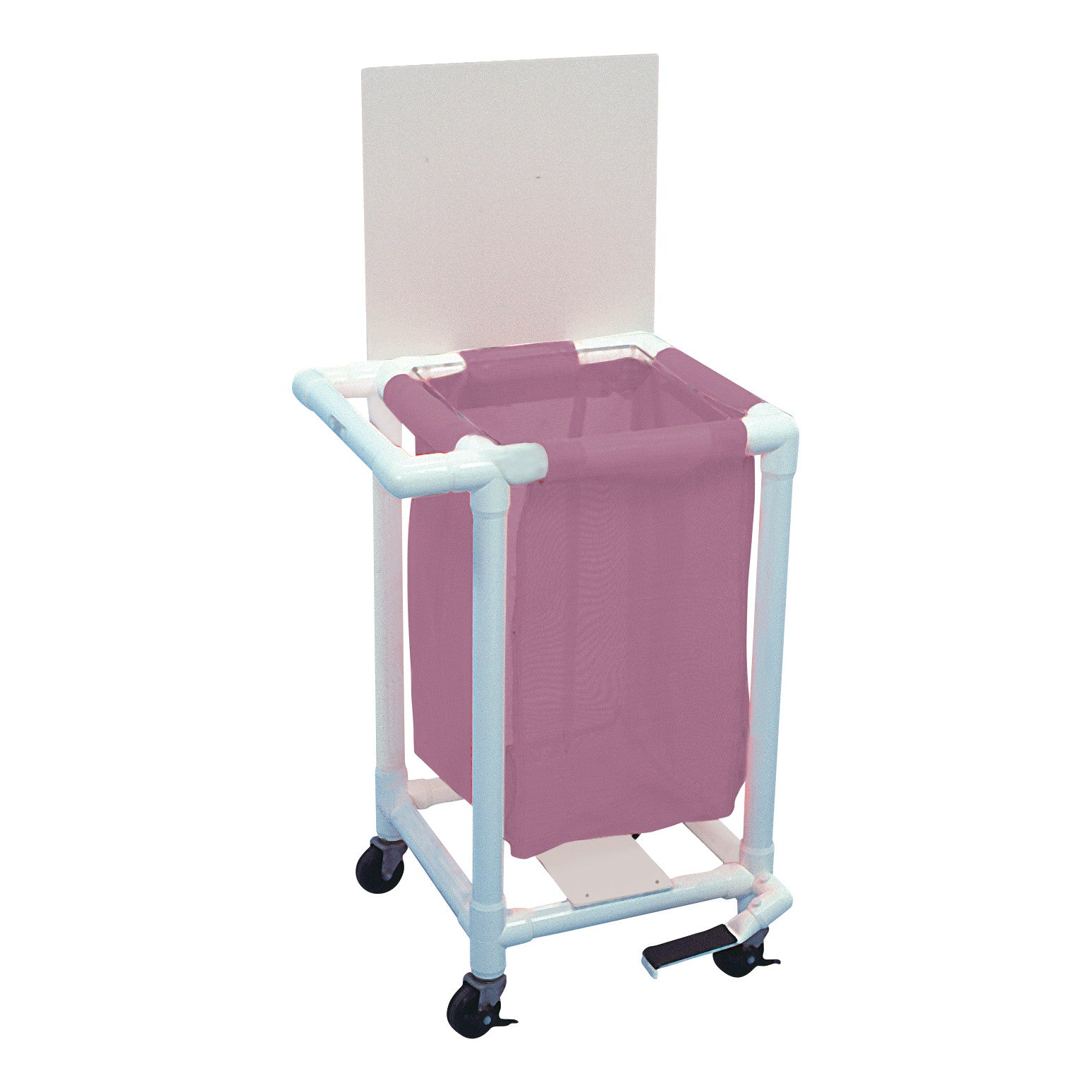 HealthLine PVC Linen Hamper with a sturdy PVC frame, pink fabric bag, caster wheels, and a foot pedal for easy use.