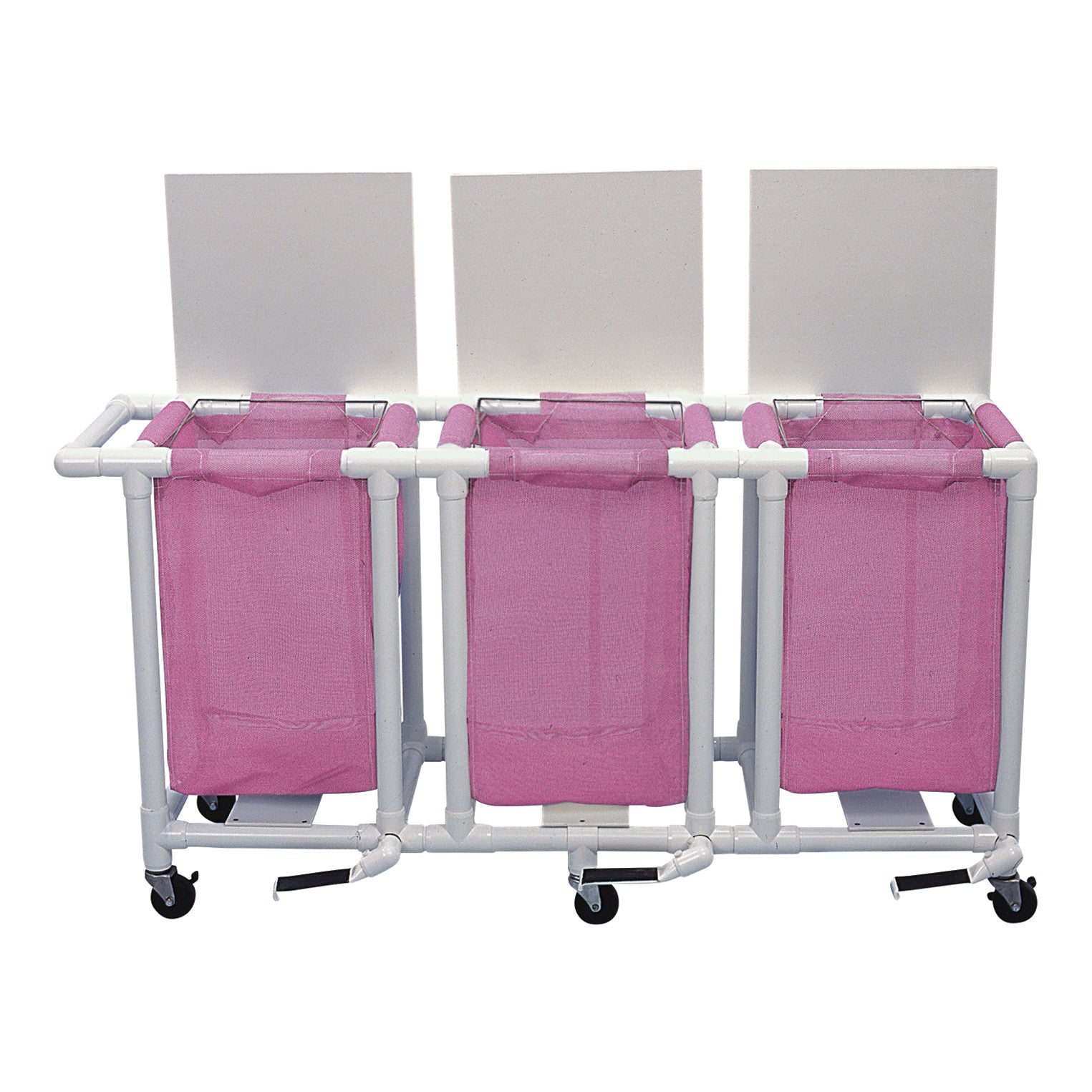 The HealthLine PVC Linen Hamper has three pink mesh bags, mounted on a white PVC frame with wheels, and individual lids.