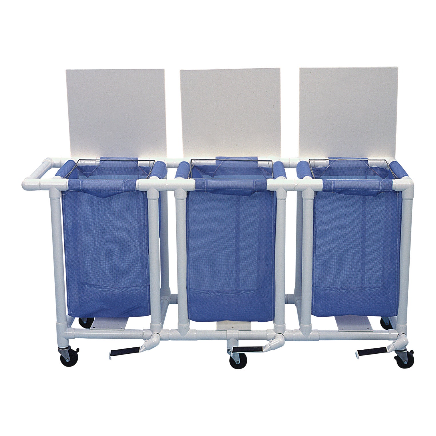 HealthLine PVC Linen Hamper features three blue mesh bags on a white PVC frame with partitions and wheels for easy mobility.