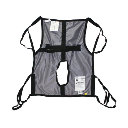 The Hoyer Classic One-Piece Commode Sling is a gray fabric sling with black straps and a central opening for patient lifting support.