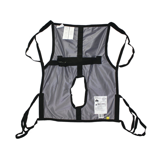 The Hoyer Classic One-Piece Commode Sling is a gray fabric sling with black straps and a central opening for patient lifting support.