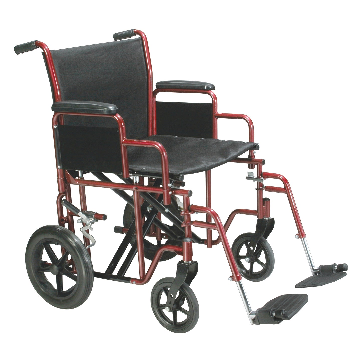 Drive Medical Heavy-Duty Transport Chair features a sturdy red metal frame, black padded seat, armrests, and footrests.