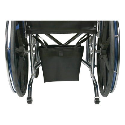 A wheelchair with an AliMed Urinary Drainage Bag Holder attached underneath the seat.