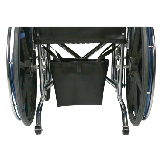 A wheelchair with an AliMed Urinary Drainage Bag Holder attached underneath the seat.