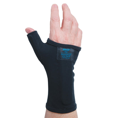 A hand wearing the Brownmed IMAK RSI SmartGlove with Thumb, a black wrist brace designed for ergonomic support and comfort.