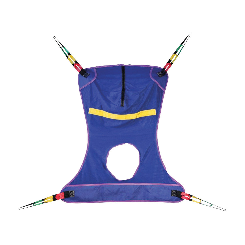 The Bestcare BestSling Full Body Patient Sling with Commode Opening is a blue medical sling with a central hole and colorful straps.