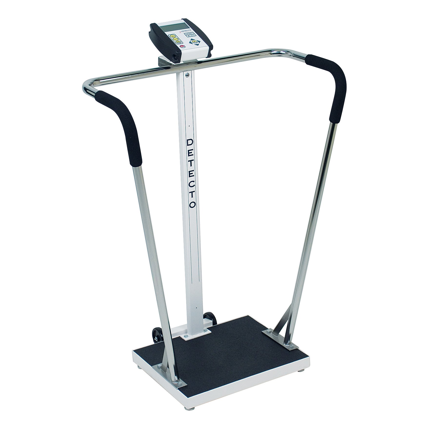 DETECTO Handrail Stand-On Scale features a digital display, sturdy handrails with grips, and a non-slip platform.
