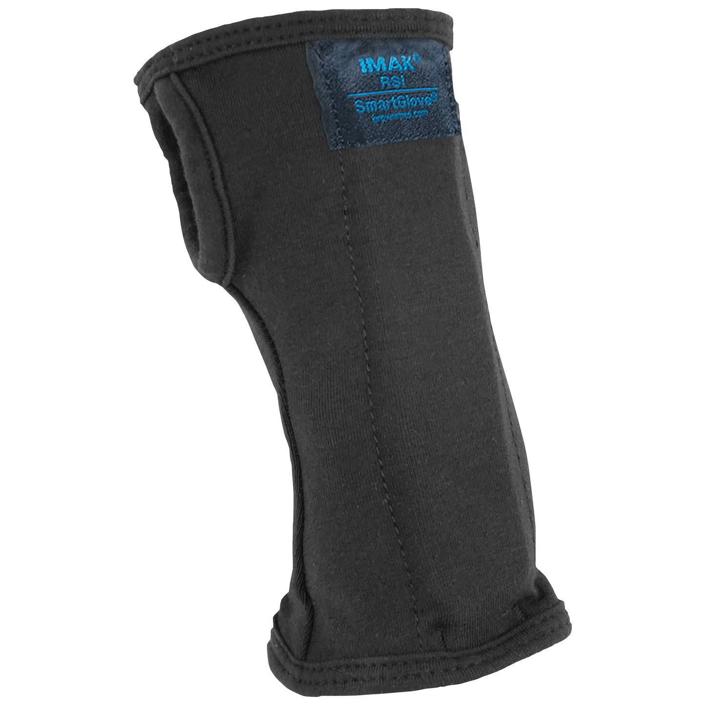 A black Brownmed IMAK RSI SmartGlove with a label, designed for wrist support, partially wrapped as if worn.
