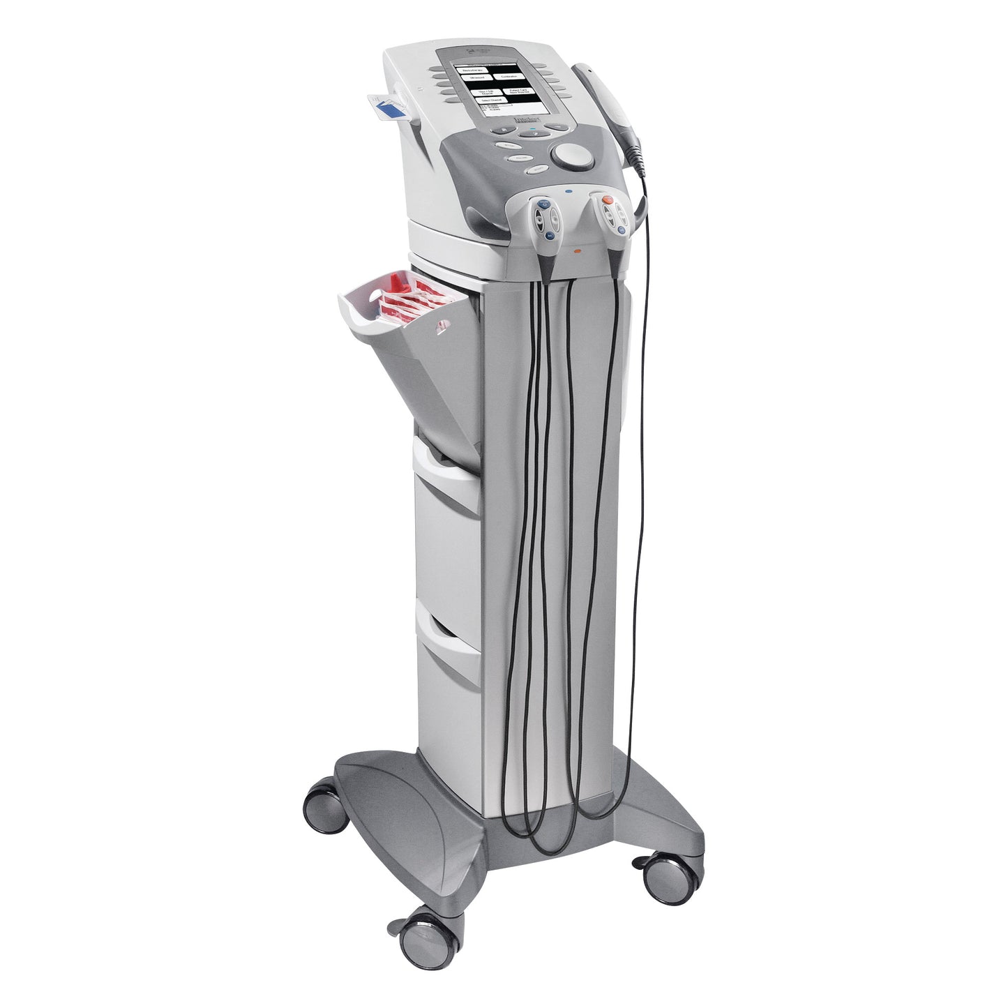 Chattanooga Intelect Legend XT 4-Channel Electrotherapy/Ultrasound System with Cart, featuring control panels and handheld devices.