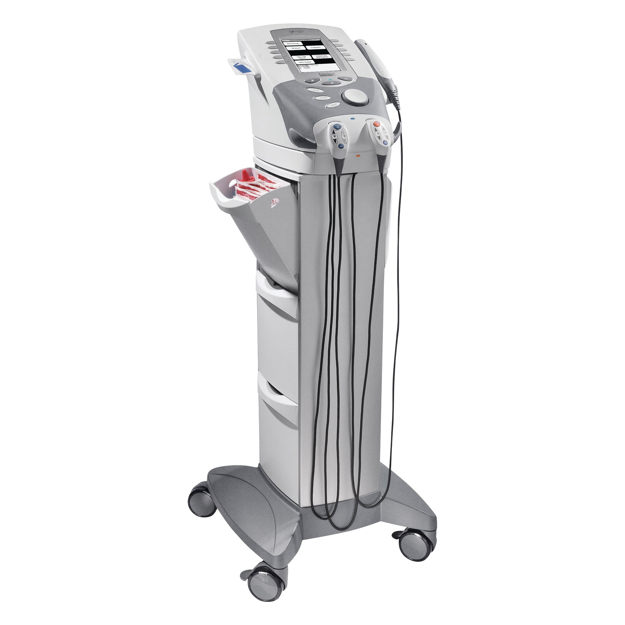 Chattanooga Intelect Legend XT 4-Channel Electrotherapy/Ultrasound System with Cart, featuring control panels and handheld devices.