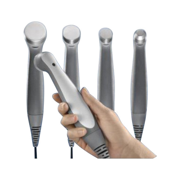 A hand holds a Chattanooga Intelect Legend XT Replacement Applicator, with four different-sized applicator heads in the background.