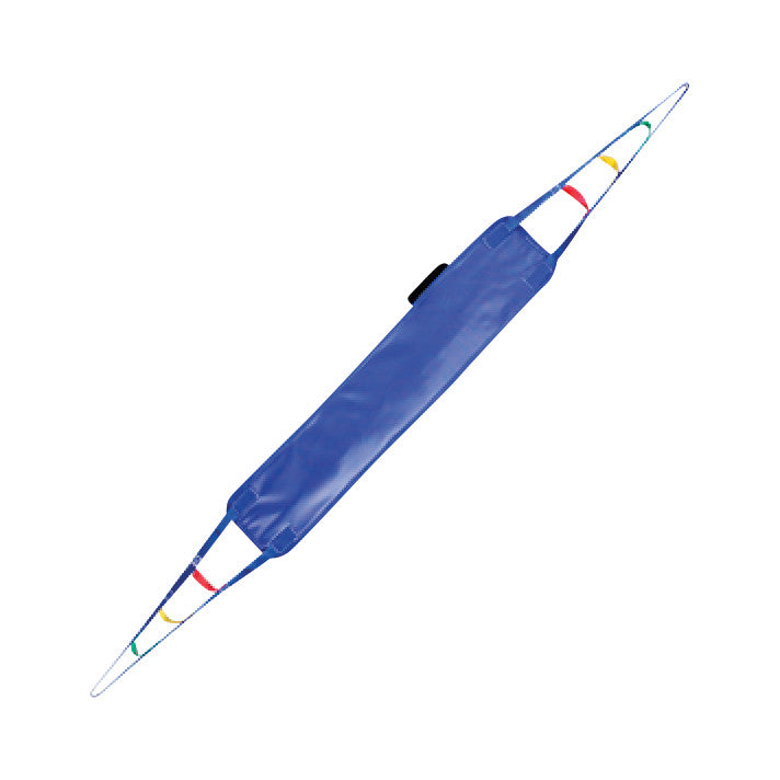 The image features the Buttocks Strap for Bestcare Stand Assist Patient Sling, with a blue padded middle and adjustable rainbow-colored straps.