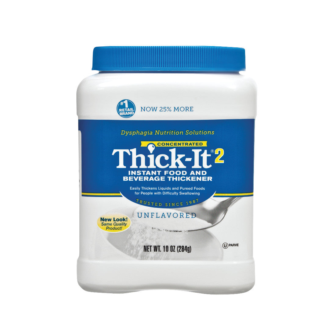 Container of Thick-It Original Food and Beverage Thickener, unflavored, 10 oz, with a blue lid and a label for dysphagia nutrition solutions.