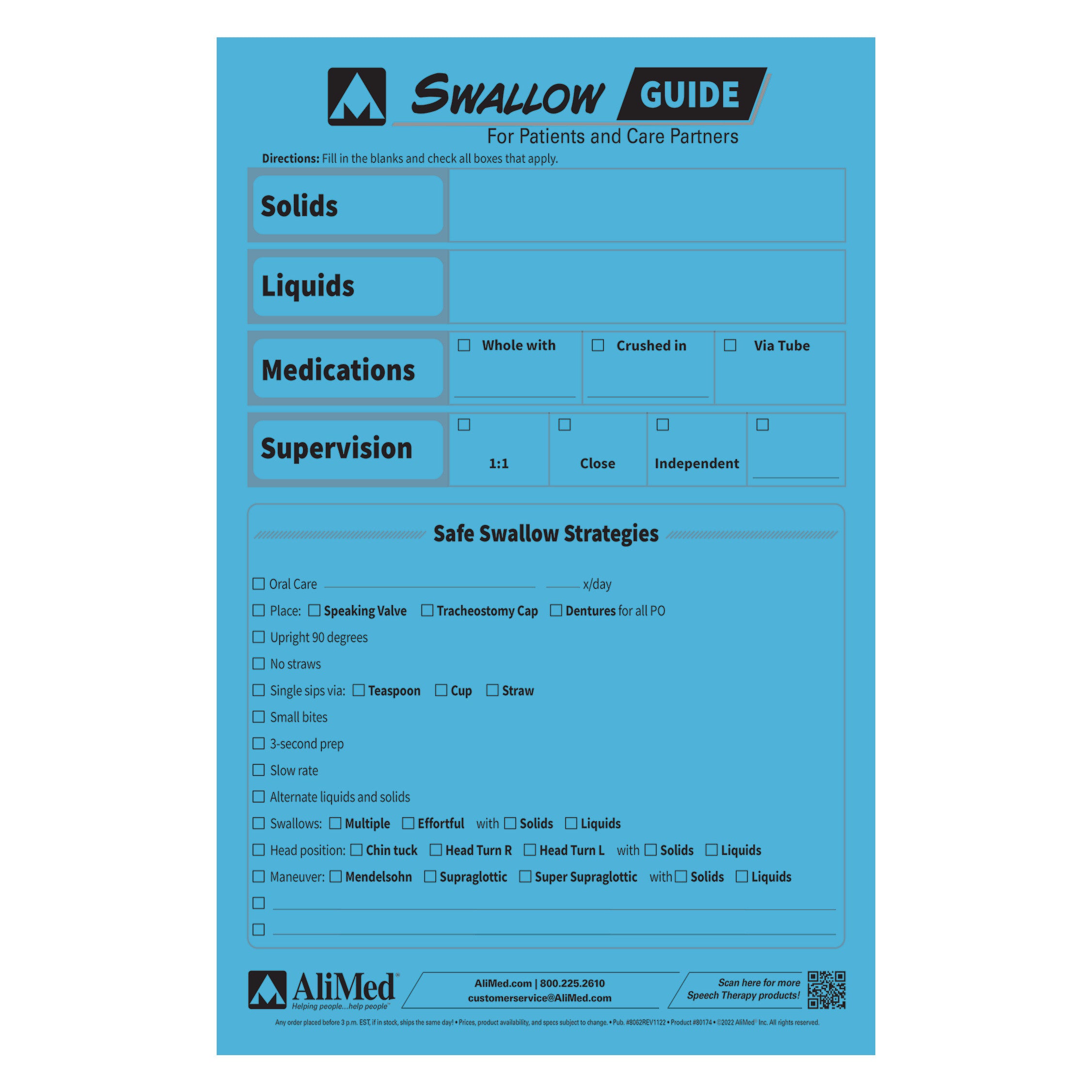 AliMed SwallowGuide is a blue chart for patients and care partners detailing safe swallow strategies and supervision needs.