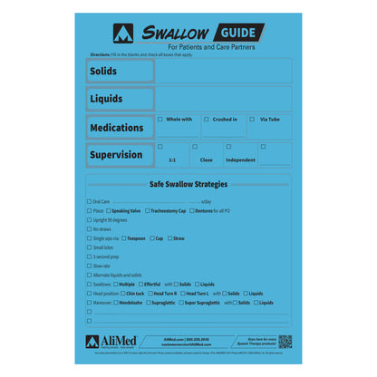 AliMed SwallowGuide is a blue chart for patients and care partners detailing safe swallow strategies and supervision needs.