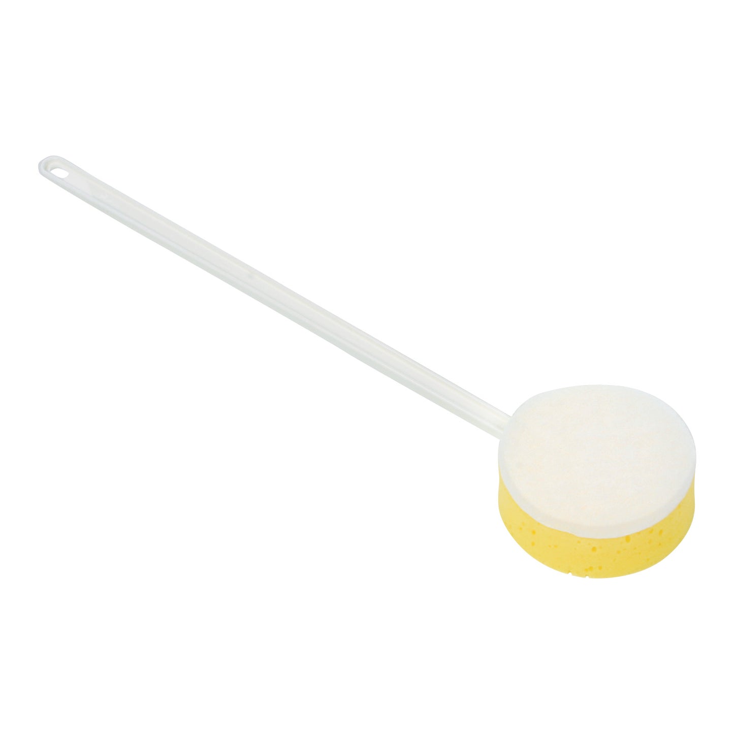 The AliMed Scrub Pals Scrub Brush features a long handle and a round, dual-layered sponge with a white top and yellow bottom.