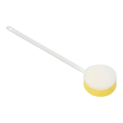 The AliMed Scrub Pals Scrub Brush features a long handle and a round, dual-layered sponge with a white top and yellow bottom.