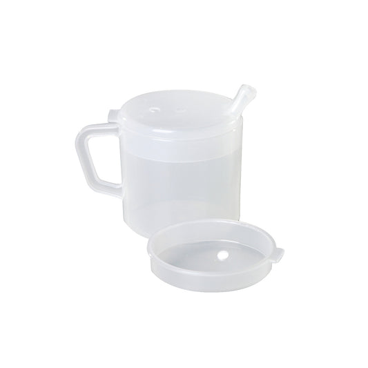 The Clear One-Handled Adaptive Mug with Lid is shown with its lid removed, featuring a spout and side handle for easy gripping.