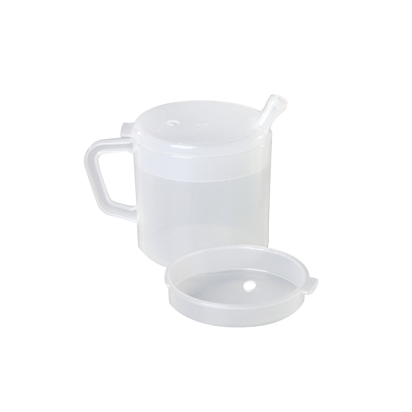 Clear One-Handled Adaptive Mug with Lid, featuring a built-in spout and detachable top, designed for easy drinking.