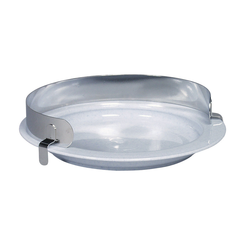 Stainless Plate Guard attached to a white plate, designed to help prevent spills by creating a barrier around the edge.