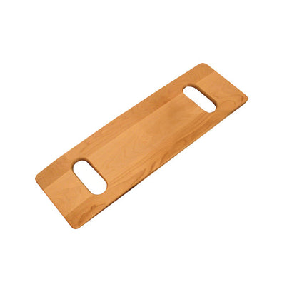 The AliMed Maple Transfer Board is a wooden board with two cutout handles, designed to assist in transferring individuals safely.