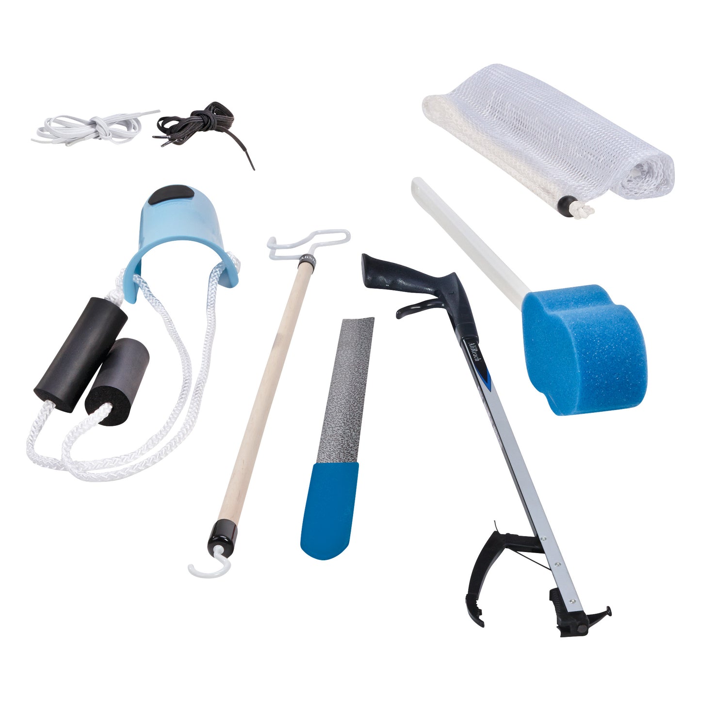 AliMed Tall ADL Deluxe Hip Kit with Standard Sock-Aid includes reacher, sock aid, dressing stick, sponge, and shoelaces.