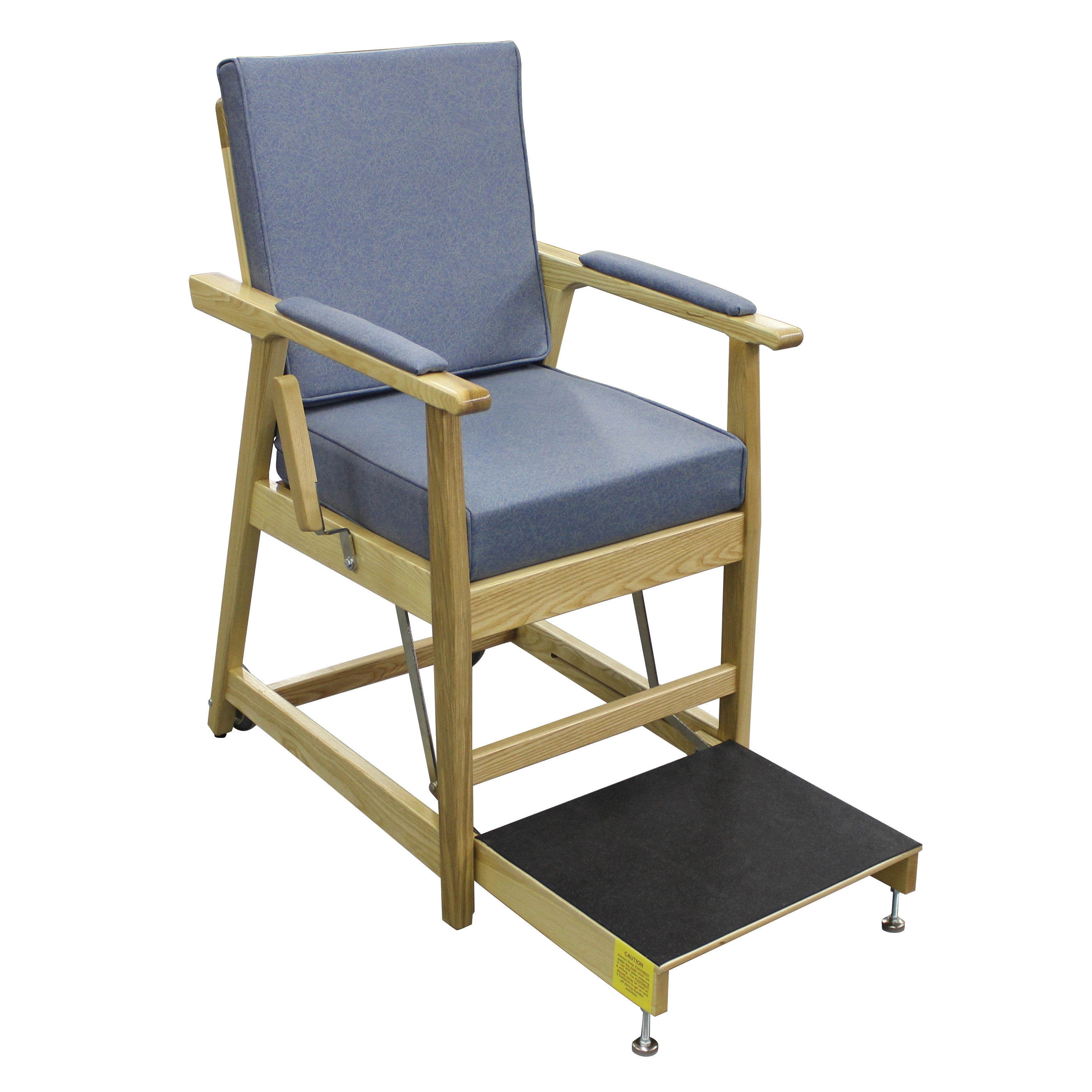 EZ-UP Hip Chair with wood frame, padded blue seat, and backrest, features a pull-out footrest for comfortable support.