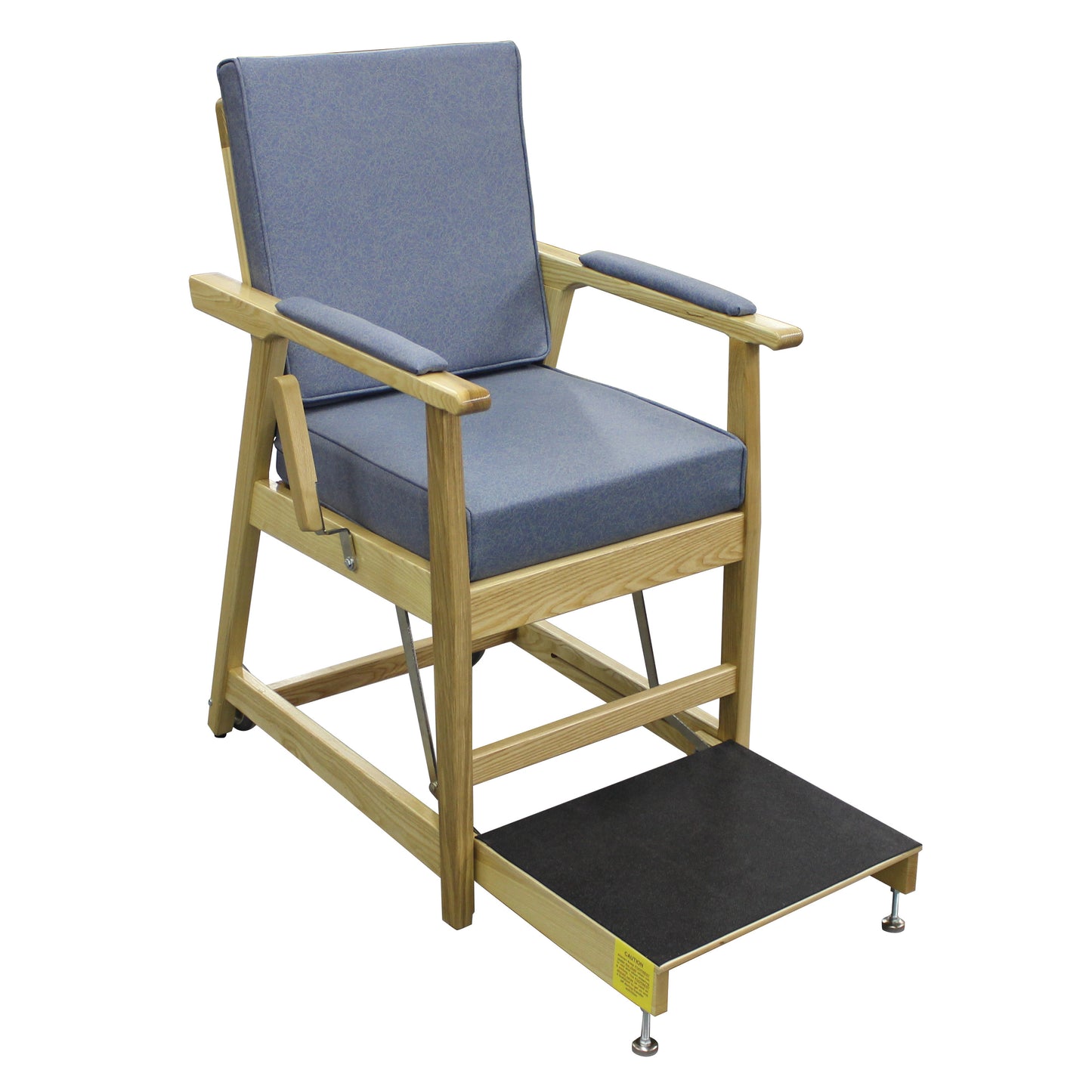 EZ-UP Hip Chair with wood frame, padded blue seat, and backrest, features a pull-out footrest for comfortable support.