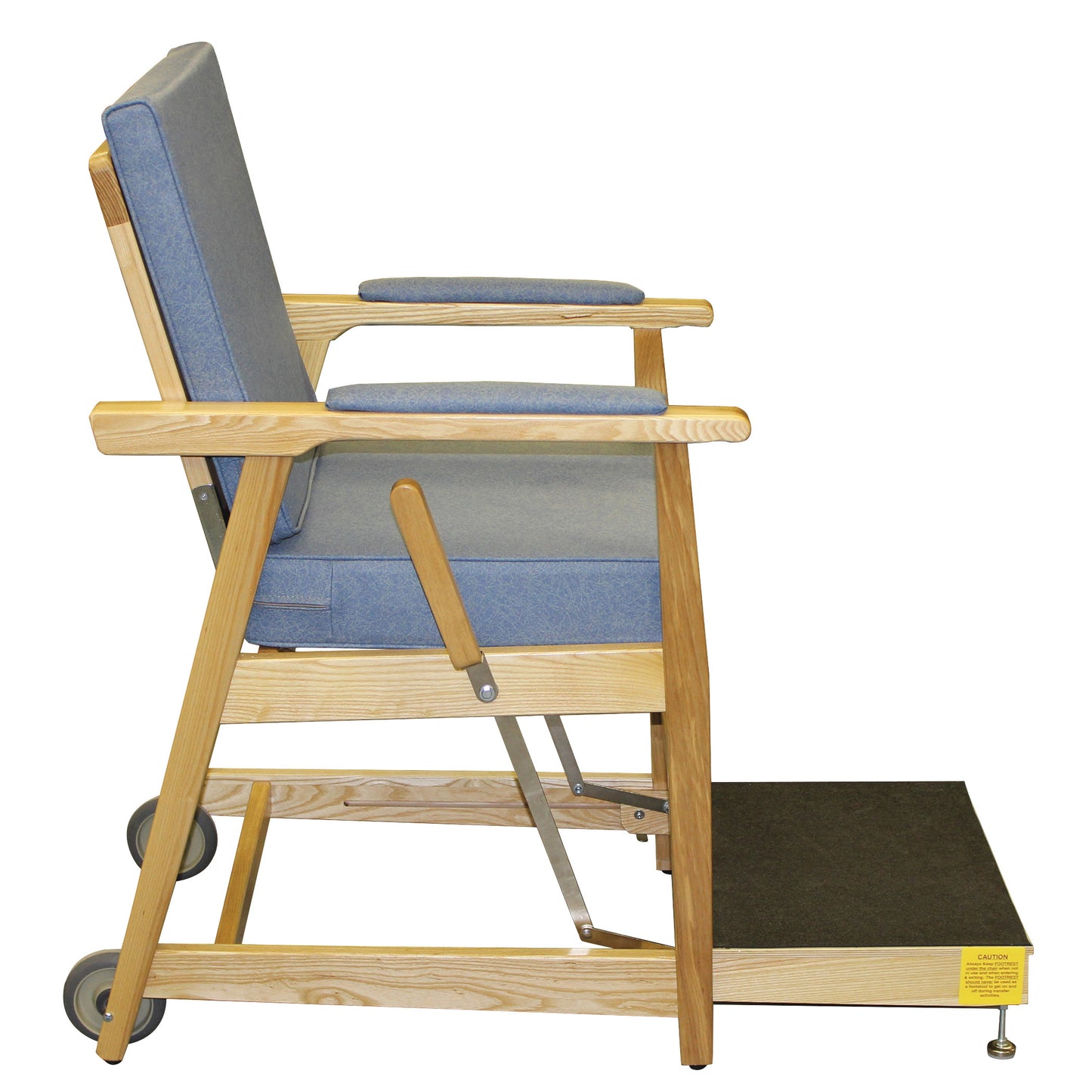Side view of the EZ-UP Hip Chair with wooden frame, blue padded seat, and wheels, designed for easy rising support.