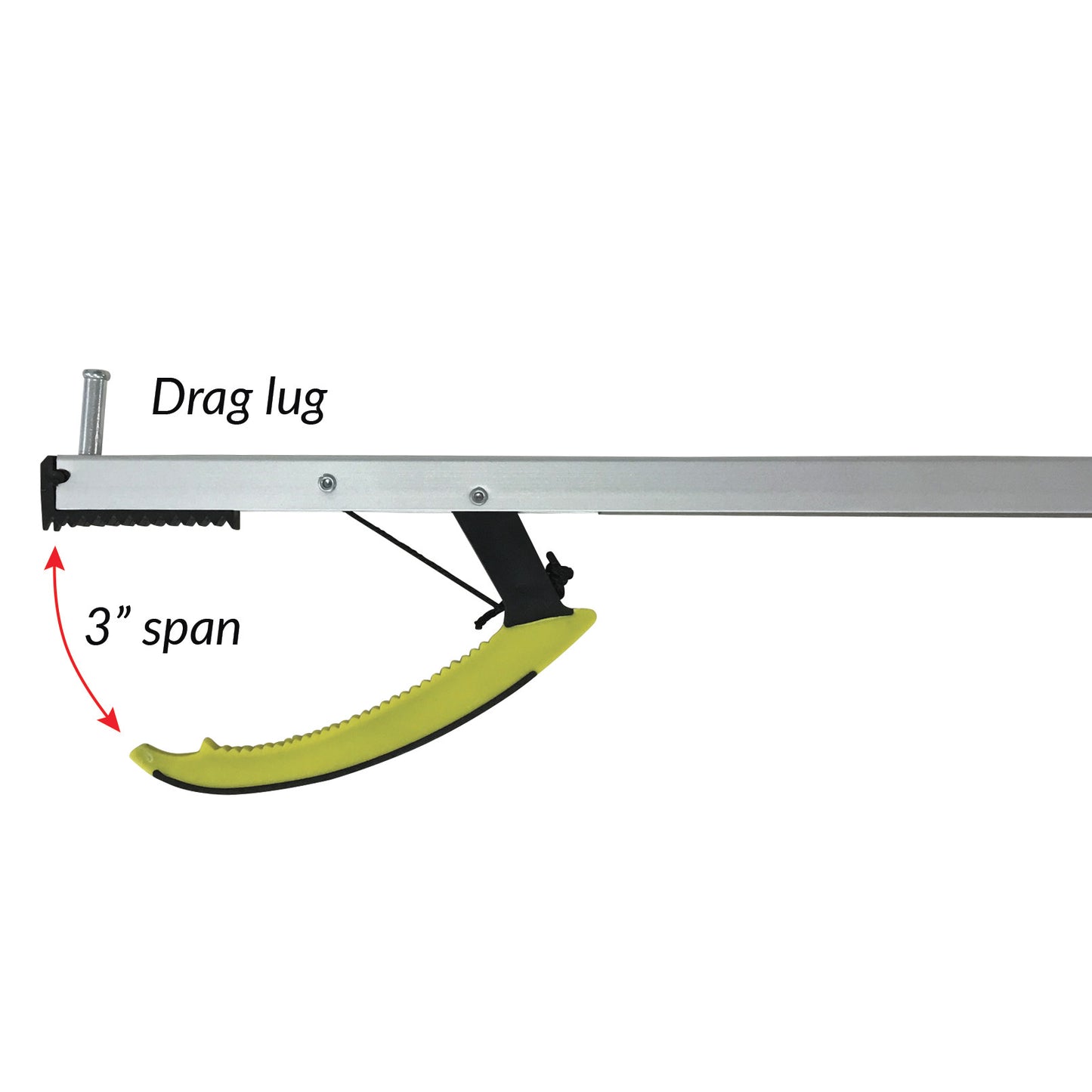 The AliMed Economy Reacher features a metal drag lug at the end and a yellow handle with a 3-inch span for easy gripping.