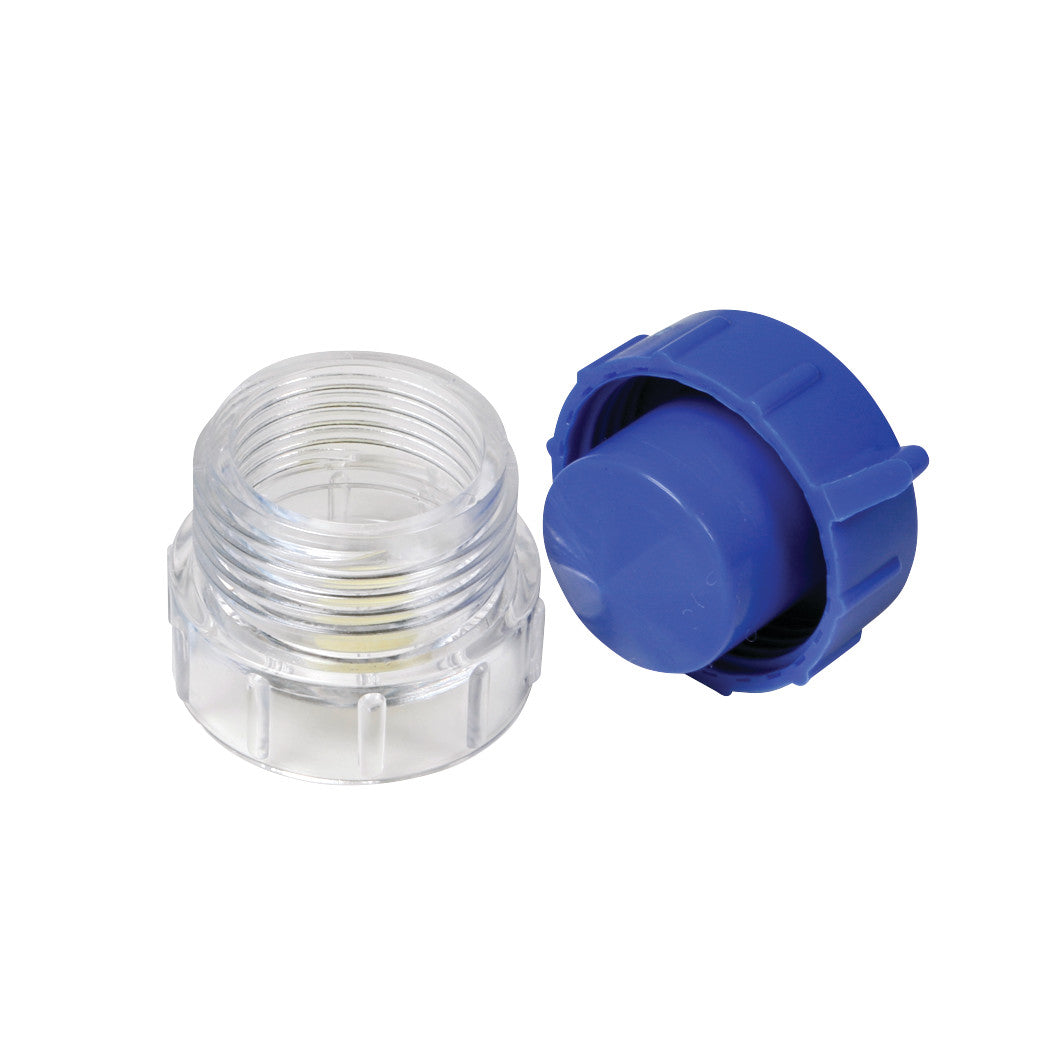 A clear and blue Pill Crusher/Pulverizer, with the top section unscrewed and placed beside the translucent compartment.