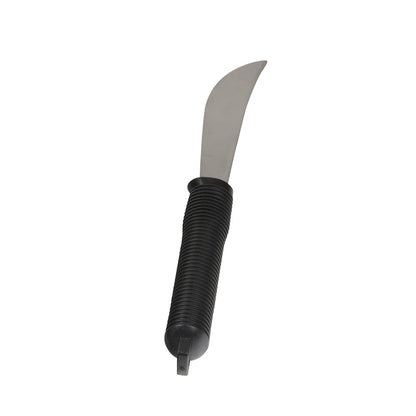 The image displays an AliMed Grip Utensil knife, featuring a curved stainless steel blade and a textured black handle.