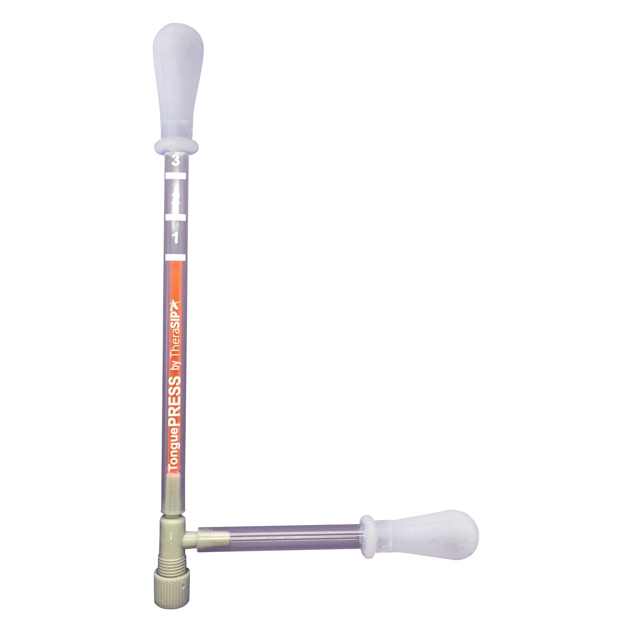 The TheraSIP TonguePRESS device features a transparent tube with measurement markings and a white handle on each end.