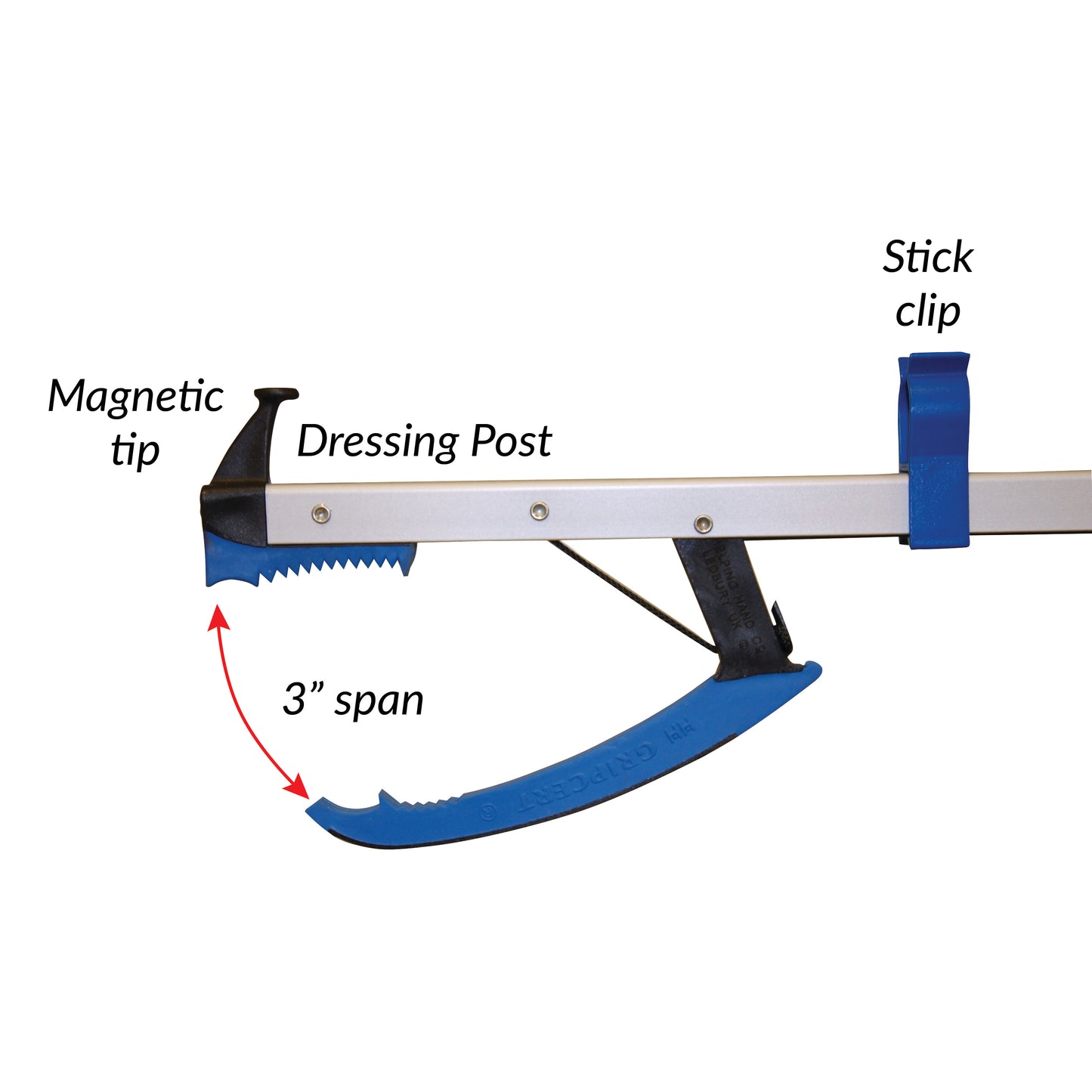 The AliMed AliReach Plus Reacher has a magnetic tip, dressing post, 3-inch span, and a stick clip on a metal rod.